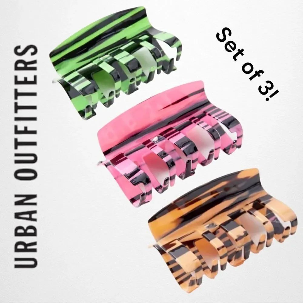 UO Urban Outfitters Xena Pink Green Orange Rectangle Claw Clips Set of 3